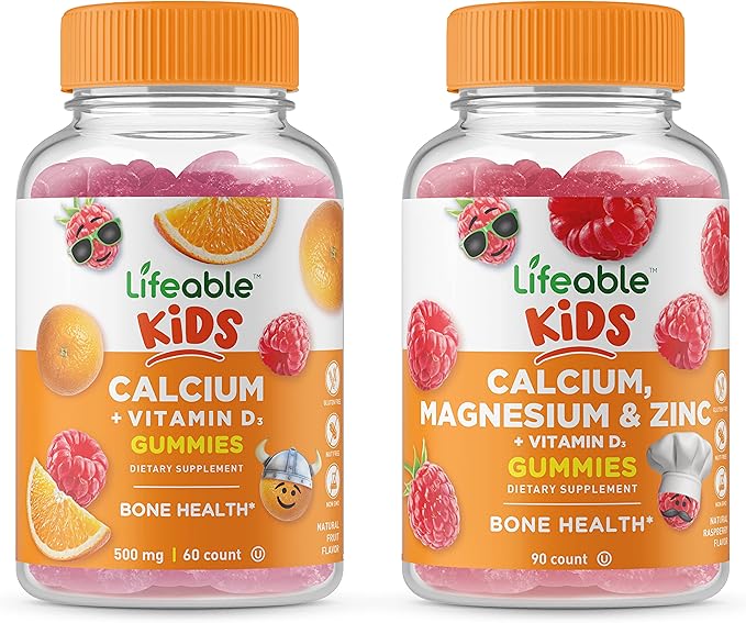 Lifeable Calcium with Vitamin D Kids + Calcium Magnesium &amp Zinc Kids Gummies Bundle - Great Tasting Vitamin Supplement Gluten Free GMO Free Chewable Gummy