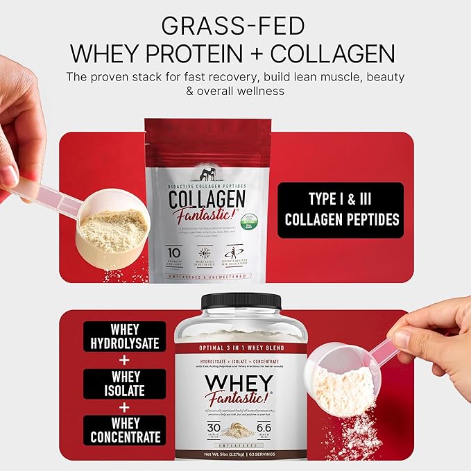 3-in-1 Whey Protein Powder Unflavored 5lb - 30g Grass-Fed Protein per Serving + Collagen Peptides Powder 2.2lb – 10g Hydrolyzed Type I &amp III Collagen Per Scoop – Non-GMO – Bundle