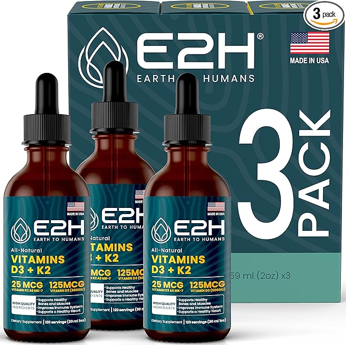 E2H EARTH TO HUMANS Vitamin D3 &amp K2 Supplement for Immune Support - Liquid Vitamin D3 5000 IU - Made in The USA | Non-GMO Vegan - (3 Bottles)