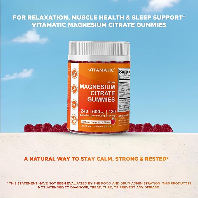 Vitamatic Magnesium Citrate Gummies 600mg per Serving - 240 Vegan Gummies - Natural Raspberry Flavor - High Absorption Magnesium Supplement - Supports Nerve Bone and Muscle Health