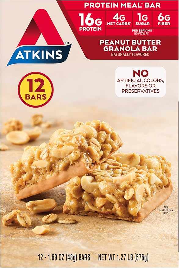 Atkins Peanut Butter Granola Protein Meal Bar High Fiber 16g Protein 1g Sugar 4g Net Carb &amp Milk Chocolate Delight Protein Shake 15g Protein Low Glycemic 2g Net Carb 1g Sugar