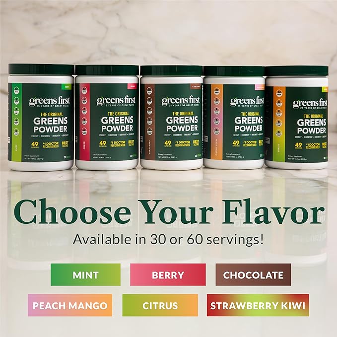 Greens First Original Greens Powder - 49 Superfoods - Organic Fruits &amp Veggies - Prebiotics Probiotics &amp Digestive Enzymes - Antioxidant Smoothie - Dairy Free Vegan &amp Non-GMO (Berry 60