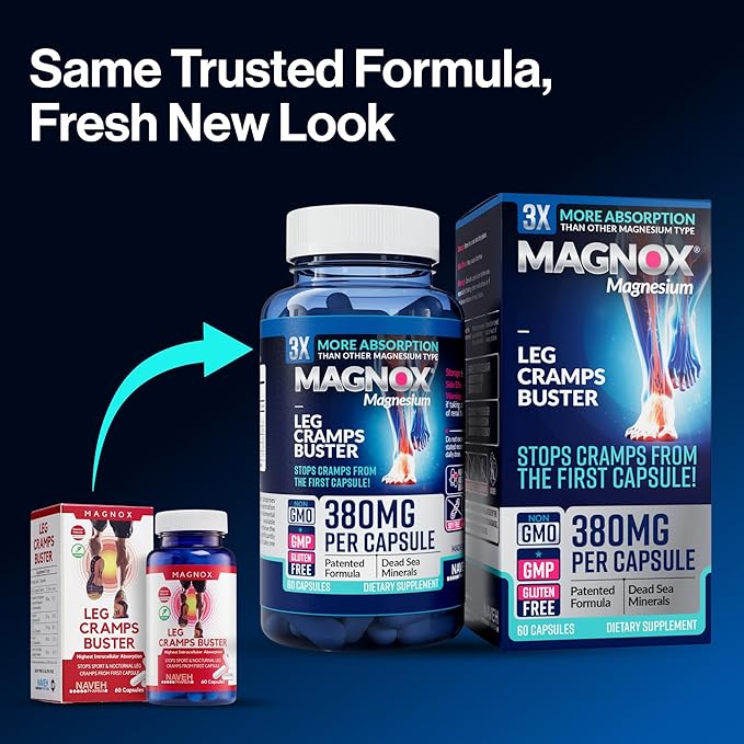 MAGNOX® Buster | Patented Clinically Tested 380mg Magnesium Supplement for Spasms &amp Leg Cramps at Night | One Capsule a Day for Almost Full Dosage | 3X More Absorption | Dead Sea Minerals (60 Caps