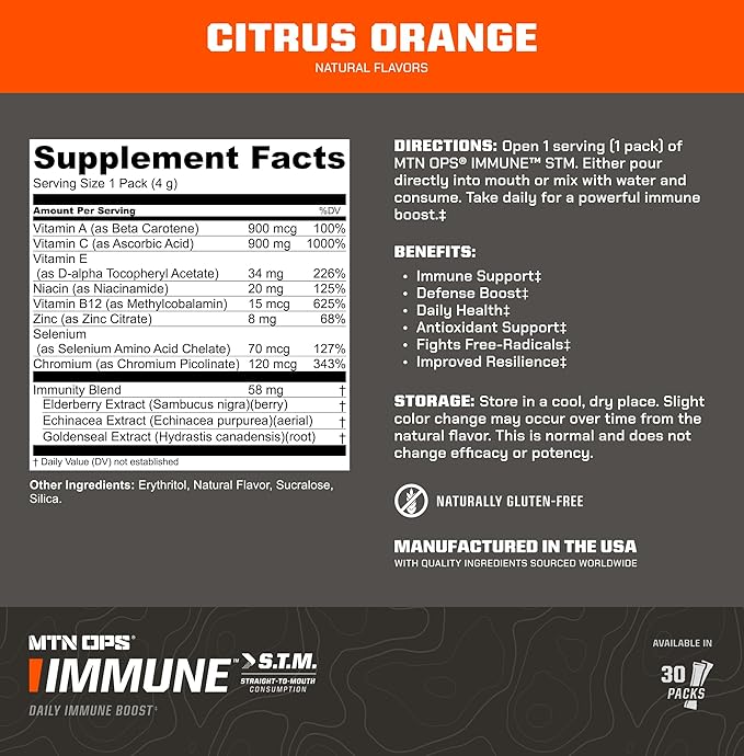 MTN OPS Immune STM Powder Drink Mix Vitamin C Vitamin D Zinc &amp Antioxidants for Daily Immune Support Hydration &amp Wellness 30 Servings Citrus