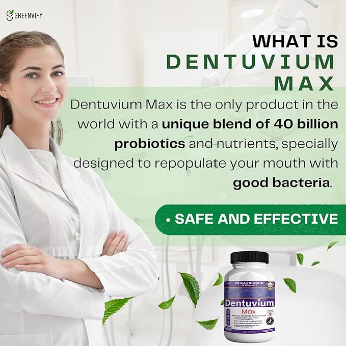 Dentuvium Max Probiotic Supplement - 40 Billion CFU - Supports Teeth Gums Throat Digestive Health - Gluten Free Sugar Free Non-GMO - 60 Capsules (3)