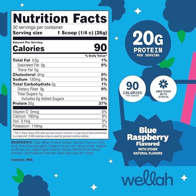 Wellah Clear Whey Protein Isolate Powder (Blue Raspberry) 30 Servings - 20g of Protein 90 Calories Sweetened with Stevia