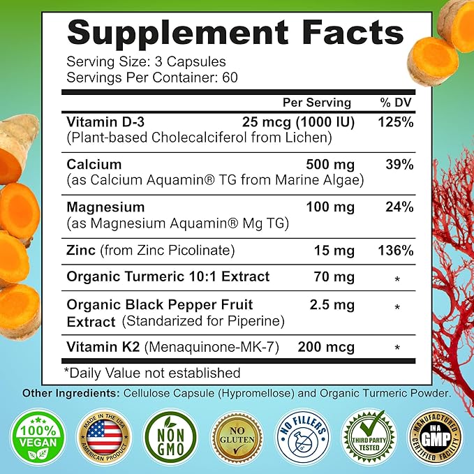 Plant-Based Calcium 500mg (Aquamin) – Vegan Calcium Magnesium Zinc D3 with Vitamin K2 &amp Organic Turmeric – Enhanced Bone and Muscle Health &amp Strength Immune Support for Women &amp Men - 180