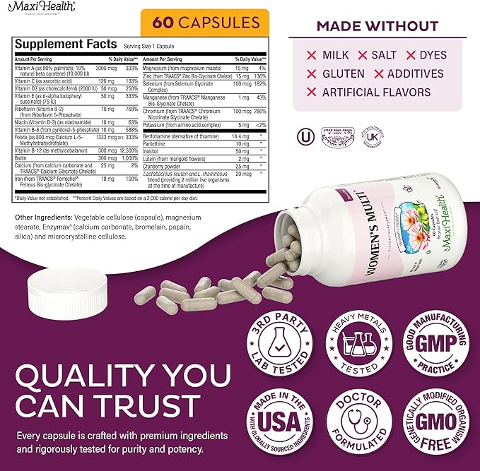 Womens Multivitamin – Methylated Multivitamin for Women with 23 Key Vitamins C D B6 B12 Calcium Probiotics Biotin &amp More - Energy Skin Nails &amp Gut Health Support - Kosher 60 Capsules