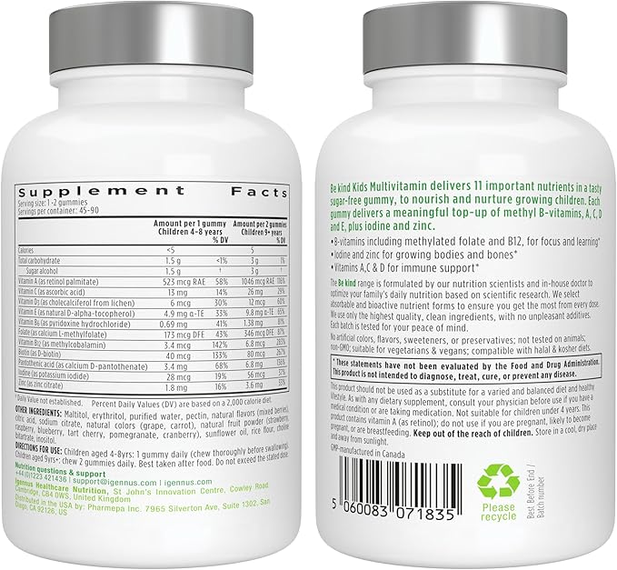 Igennus Methylated Kids Multivitamin Gummy MTHFR No Artificial Sweeteners or Flavors Sugar Free Age 4+ 90 Natural Berry Flavor Gummies from Fruit Powder Non-GMO Halal Clean Label x6