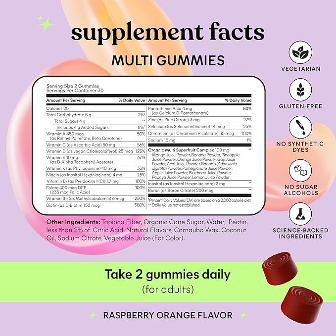 Lemme Women's Multivitamin Gummies Daily Nutritional Support with Vitamins A C D E Biotin Folic Acid Zinc &amp Inositol Bone Brain Skin &amp Immune Health Raspberry Orange 30-Day Supply