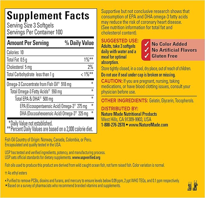 Nature Made Omega 3 Fish Oil Supplements 550mg Per Serving Fish Oil Omega 3 Supplements as Ethyl Esters for Healthy Heart Support 300 Softgels 100 Day Supply