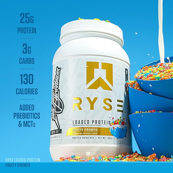 RYSE Loaded Protein Powder - Fruity Crunch - 25g Whey Protein Isolate &amp Concentrate with Prebiotic Fiber &amp MCTs - Low Carb Low Sugar Digestive-Friendly - 27 Servings / 2 lb Tub