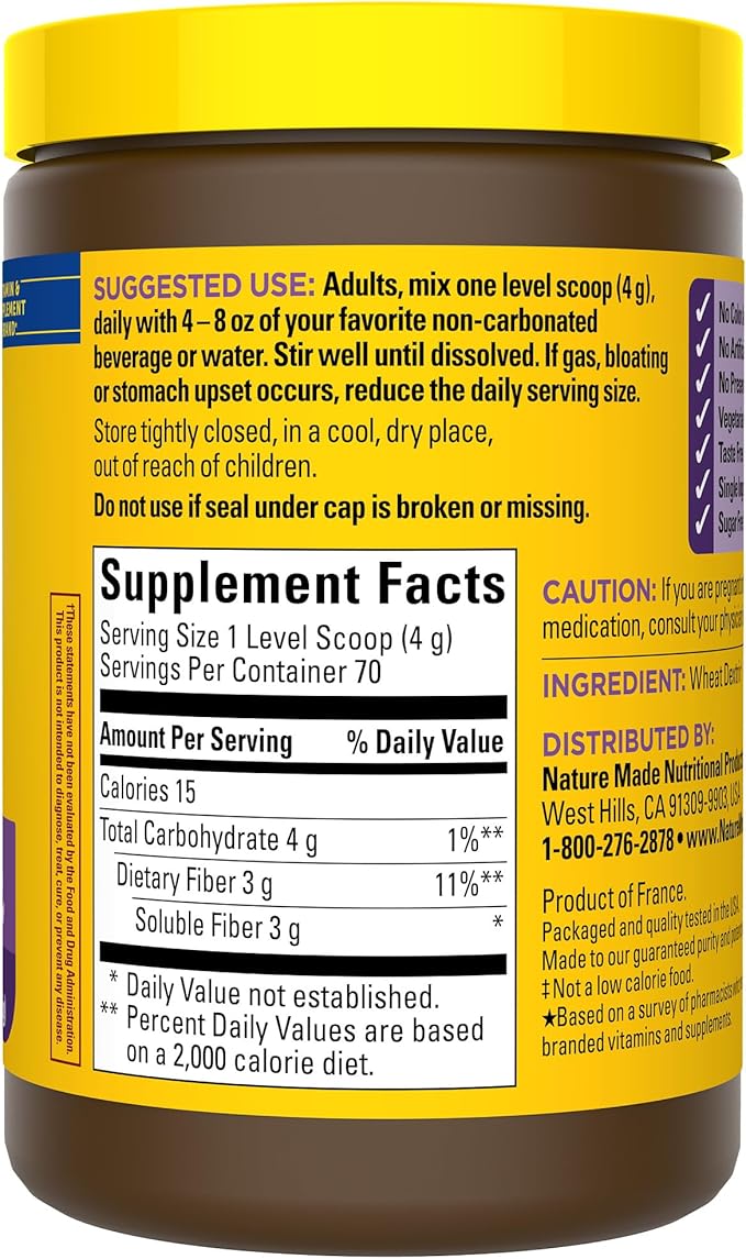 Nature Made Prebiotic Fiber Powder Supplement Taste-Free &amp Sugar-Free Plant Based Vegetarian Prebiotic Fiber Drink Mix for Digestive Support 9.87 oz 70 Day Supply