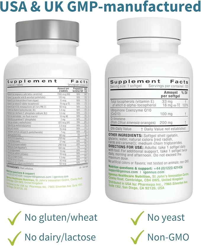 Advanced Prenatal Multivitamin + High Absorption CoQ10 100mg 120 Softgels Pregnancy Support Bundle by Igennus