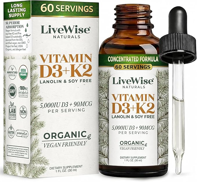 Vegan D3 K2 Vitamin 5000 IU 90 MCG (MK-7) Drops - 60 Servings Ultra Concentrated Formulation and Fast Absorption - Precision Micro-Dosing Dropper for Cognitive &amp Immune Support