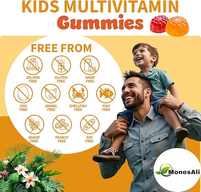 Kids Multivitamin Gummies with Iron &amp Probiotics – Vegan Gelatin-Free Halal Orange &amp Strawberry Flavors 90 Count