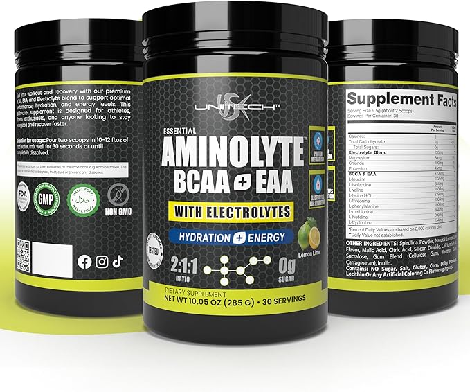 USK Unitech AminoLyte BCAA + EAA &amp Electrolytes Powder | Rich with Essential Amino Acids | Muscle Recovery &amp Hydration | Endurance &amp Performance Support | Dietary Supplement | Lemon Lime F