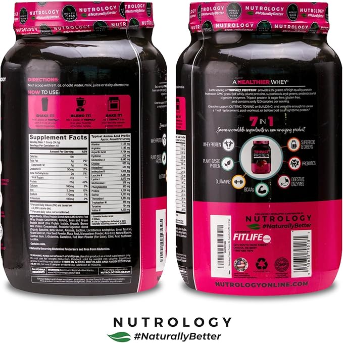 Nutrology TRIPACT Protein Powder - 7-in-1 Meal Replacement Shake with Grass Fed Whey Protein Powder Pea Rice Greens for Muscle Recovery &amp Immunity Superberry Flavor 40 Servings