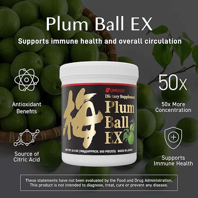 Umeken Plum Ball EX Concentrated Extract with Antioxidants Citric Acid and Mumefural Daily Supplement Japanese Green Plum Extract 3 Month Supply 6.4oz 180g Bottle Pack of 1