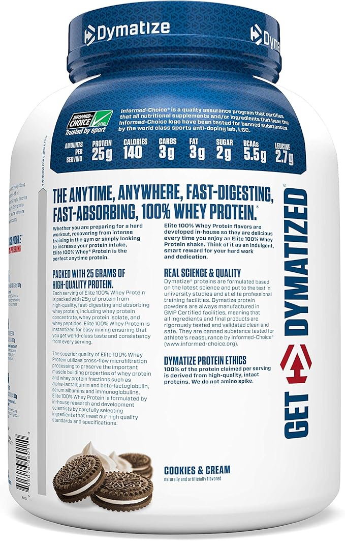 Dymatize Elite 100% Whey Protein Powder Cookies &amp Cream 25g of Protein 5.5g BCAAs Less Than 140 Cal. Gluten Free 2g Carb 2g Sugar 3g Fat (63 Servings)