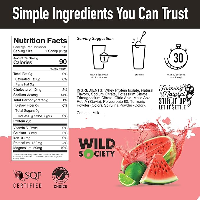 WILD SOCIETY - Clear Protein Powder + Electrolytes - 20g Clear Whey Protein Isolate Drink - Zero Sugar - 0g Lactose - Natural Flavors &amp Colors - Muscle Post Workout Recovery - Watermelon Lime 16