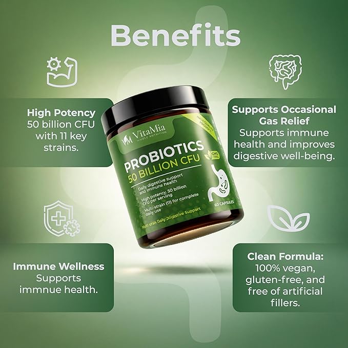 VitaMia Probiotics 50 Billion CFU Probiotic + Prebiotic Fiber Capsules 60 Count 11 Strain Formula – Daily Digestive Balance Gut &amp Immune Wellness for Men &amp Women – Vegan &amp Gluten Free