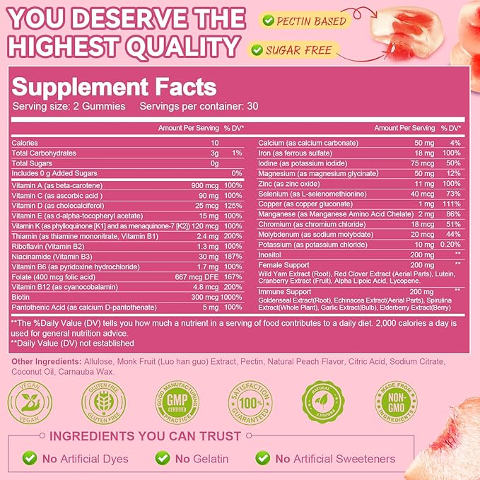 Totaria Sugar Free Multivitamin Gummies for Women 14+ w/Iron Inositol Folate Biotin Womens Daily Multivitamin Gummy w/Vitamin A C B D3 K2 for Hair Skin Energy Immune Peach Flavor