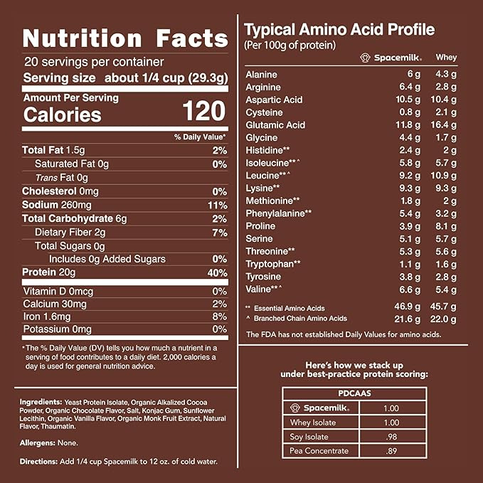 Spacemilk Premium Protein Chocolate Protein Powder Vegan 4.24g BCAAs Non-GMO Gluten Free (1.29 lbs)