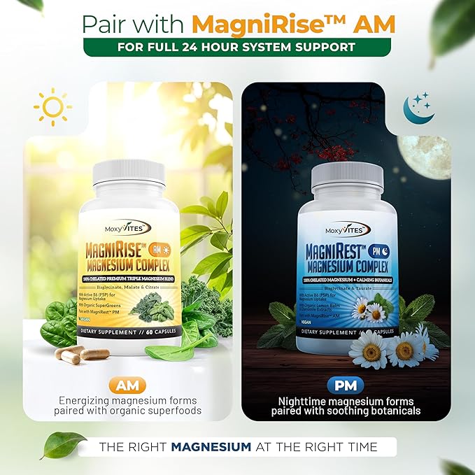 MoxyVites MagniRest PM Magnesium Complex for Women &amp Men - Magnesium Bisglycinate Taurate Active B6 &amp Calming Organic Botanicals - Chelated High Absorption - Nighttime Magnesium 60 Vegan C