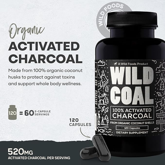 Wild Foods Activated Charcoal Capsules | 100% Organic Coconut Shells Active Tablets | Lab Tested &amp Non-GMO Pills | Made in USA (120 Capsules)