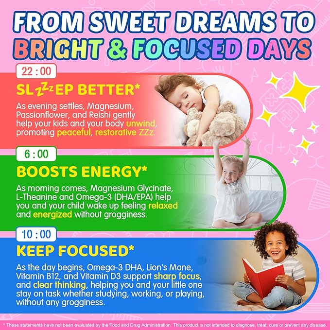 Focus Gummies for Kids &amp Adults w/Magnesium Glycinate Omega-3 DHA Lion's Mane L-Theanine Methyl B12 &amp Vitamin D3 Brain Supplement Support Calm Sleep Attention Concentration and Memory