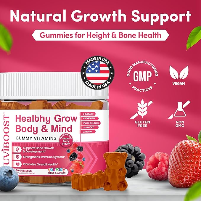 Healthy Grow Height Growth Gummies Rich in Calcium Vitamins C D3 K2 L-Arginine Ashwagandha and Others Boost Bone Health &amp Immunity Multivitamin for Kids 5+ Teens and Adults.