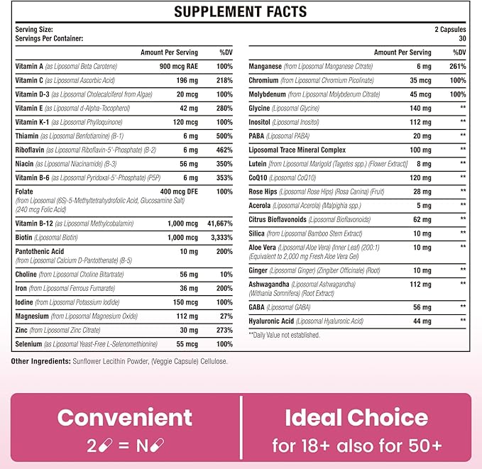 Liposomal Multivitamin for Women 1400MG - Womens Daily Multi Vitamins Supplements with Iron Vitamin A C D E and B Complex for Immune Health Hair &amp Skin Support for Women 18+