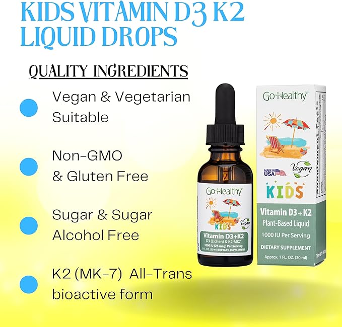 Go Healthy Kids Vitamins D3 K2 (MK-7) Child Vitamin D Liquid Vegan D3 K2 Drops for Kids Sugar-Free Easy-to-Absorb Children's Growth &amp Immune Support Vanilla Flavor - 30 Servings
