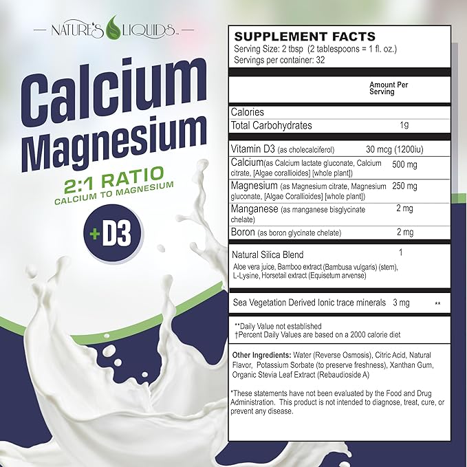 Nature's Liquids - Calcium Magnesium Supplement Liquid (2:1 Ratio) - with D3 Boron Manganese for Optimal Absorption - for Strong Bones and Teeth - Orange Vanilla Flavor - (32oz - 32 Servings)