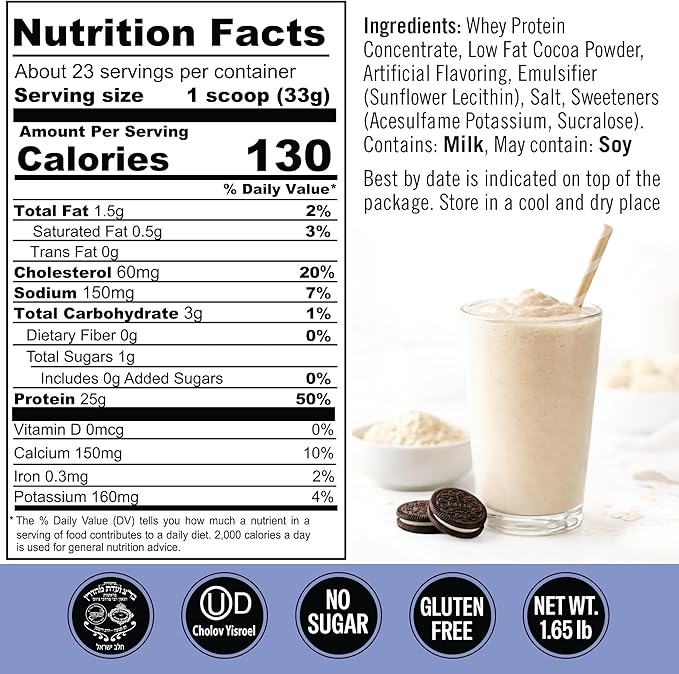 Cookies &amp Cream Protein Powder. 25g Protein for Post Workout Recovery Smoothie &amp Baking. Gluten &amp Sugar Free Highly Kosher Amino Acids (5.5g BCAA 2.7g Leucine) 1.65 lbs 23 Servings