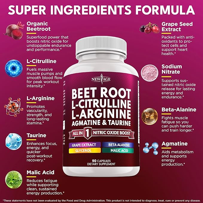 NEW AGE Beet Root Capsules - L Arginine L Citrulline Nitric Oxide Beetroot Powder Arginine Citrulline Supplement – 180 Vegan Capsules
