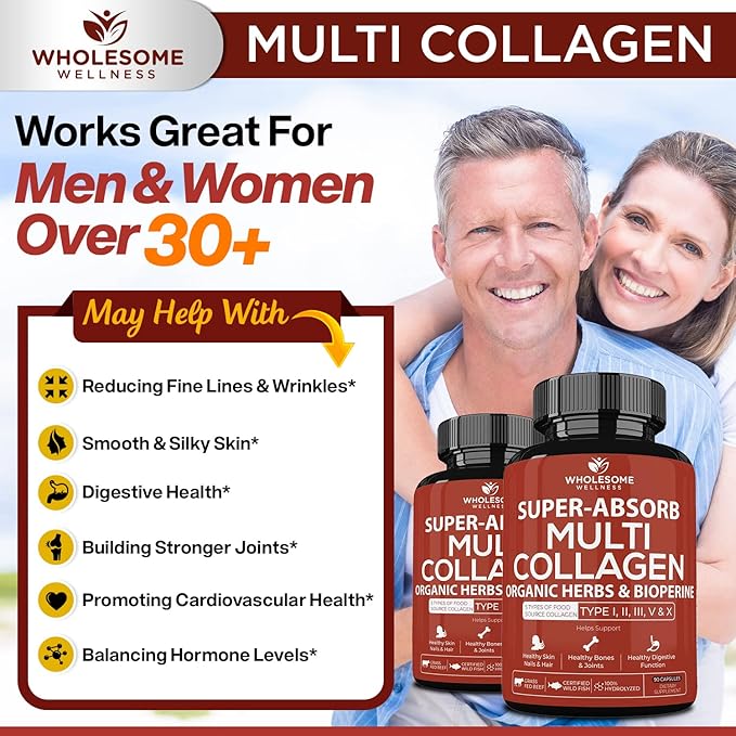 Wholesome Wellness Super-Absorb Multi Collagen Pills (Type I II III V X) Organic Herbs and Bioperine + Whole Food Multivitamin for Men - Natural Multi Vitamins Minerals Organic Extracts Bundle