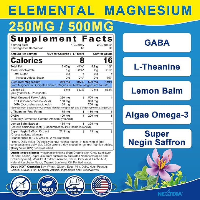 Magnesium Glycinate Gummies + Omega-3 Saffron for Kids 6+ &amp Adults Kids Focus Calm Magnesium Gummies Sugar Free Triple Magnesium Complex 500mg/250mg - Glycinate Malate Taurate Theanine