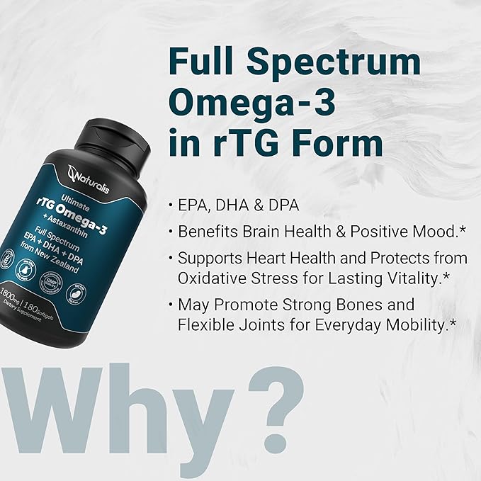 Naturalis Ultimate rTG Omega 3 Fish Oil 1800mg from Wild New Zealand Tuna | IFOS Certified &amp Sustainably Sourced | Full Spectrum Omega3s EPA DHA &amp DPA | 180 Softgels