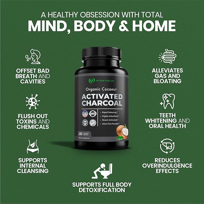 Coconut Activated Charcoal Capsules 180 Charcoal Capsules Teeth Whitening Helps Constipation Bloating Stomach Gas Heartburn Pure Coconut Derived Supplement (3)