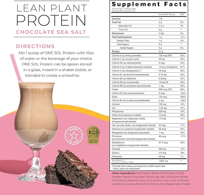 One Sol Lean Plant-Based Protein Powder Pea &amp Brown Rice Protein Low Carb Vegan Friendly - Gluten Lactose &amp Soy Free - No Added Sugar Non-GMO Clean Nutrition No Bloating (Chocolate Sea