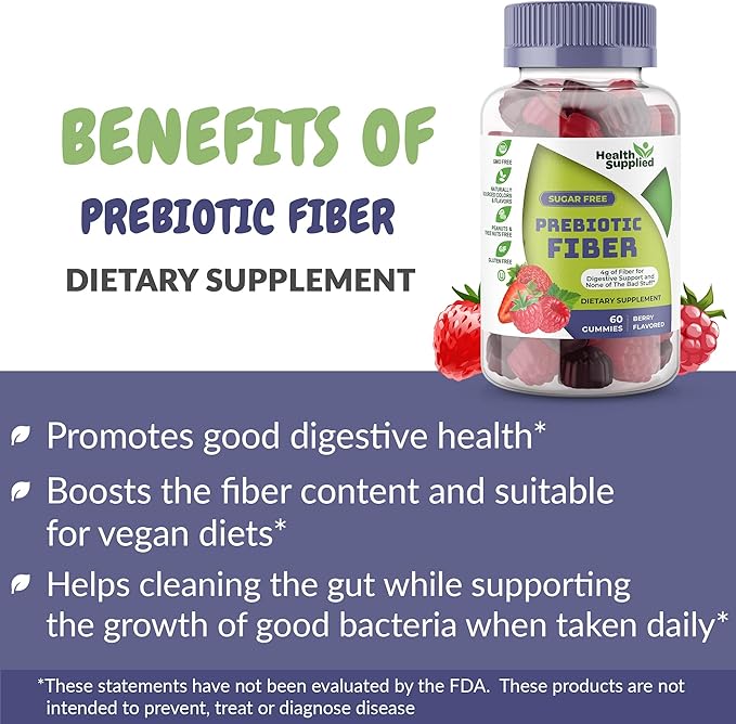 Health Supplied Mixed Berry Flavored Prebiotic Fiber Gummies - Supports Digestive System Gut Cleansing Constipation Relief - Assists with Weight Loss Plan - Great Tasting and Easy to Swallow