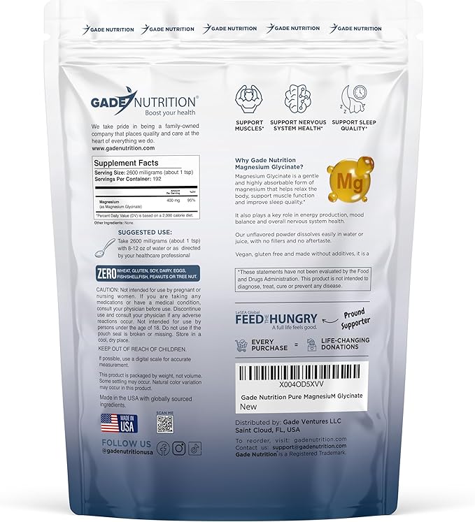 Gade Nutrition Pure Magnesium Glycinate Powder| Non-GMO Gluten-Free Filler Free Highly Absorbable | USA Made