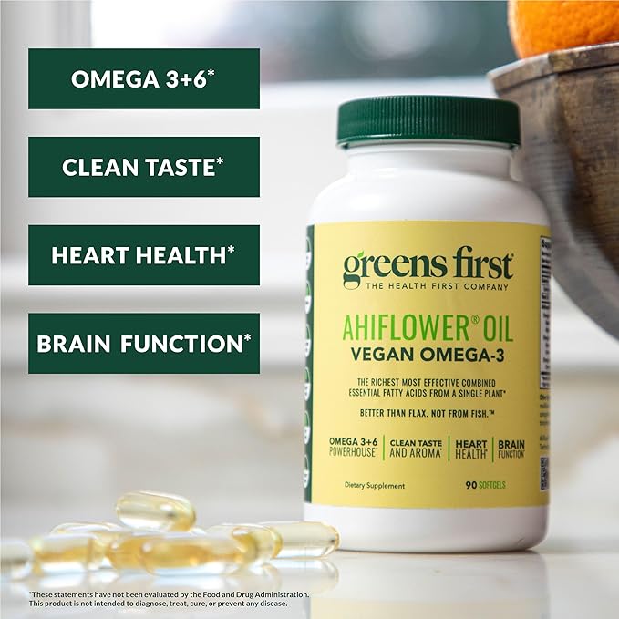 Greens First Ahiflower Oil Plant-Based Omega-3 Supplement – Vegan Omega-3 to Support Brain Immune Joint &amp Heart Health - Essential Fatty Acids - Gluten-Free/Dairy-Free/Soy-Free (90 Softgels)