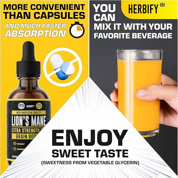 HERBIFY Lions Mane Supplement - Daily Mushroom Supplement for Memory Focus &amp Clarity - Brain Booster - Lions Mane Tincture for Immune Support - 4 Fl oz