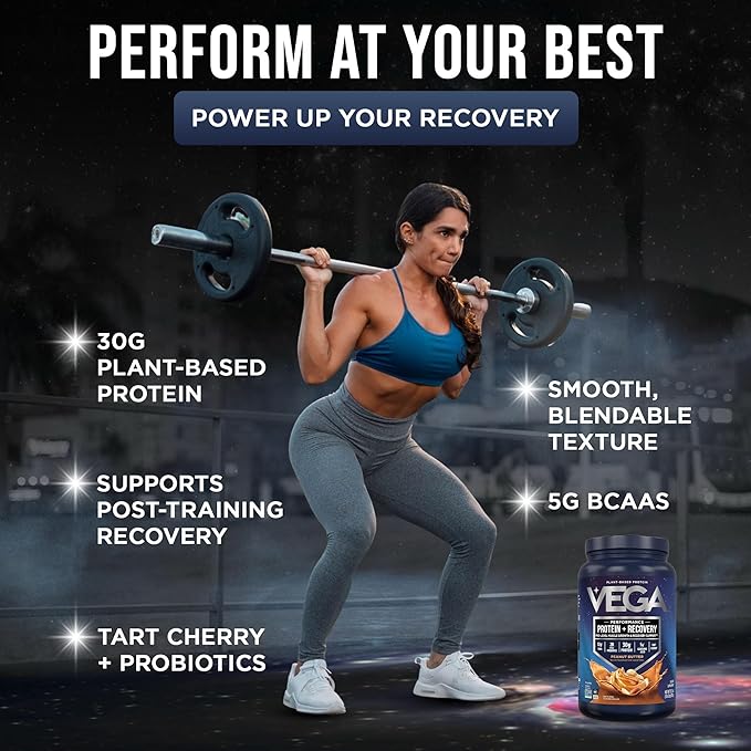 Vega Sport Vegan Protein Powder + Recovery - 30g Plant Based Protein per Serving Peanut Butter 19 Servings 5g BCAAs Probiotics NSF Certified for Shakes &amp Smoothies 1.8lbs (Packaging May Var
