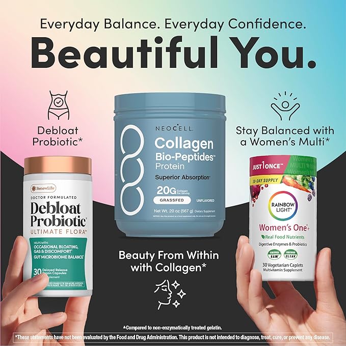 Women’s Debloat Beauty &amp Balance Bundle | 3-in-1 Bundle Pack | NeoCell Collagen Bio-Peptides Protein | Debloat Probiotic | Women’s One + Multivitamin