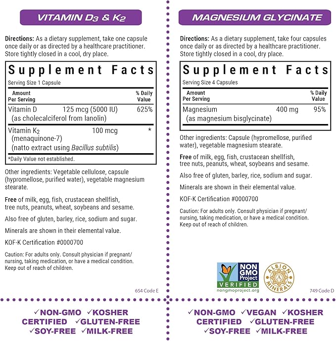 BlueBonnet Nutrition Vitamin D3 and K2 and Magnesium Glycinate Vegetable Capsules Bundle