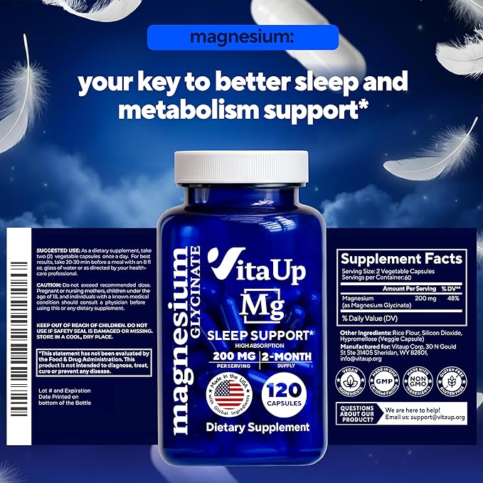 Magnesium Glycinate 200mg - USA Made Highly Absorbed Non-GMO Magnesium for Relaxation Deep Sleep Bones &amp Heart - 200mg per Serving 120 Vegan Capsules